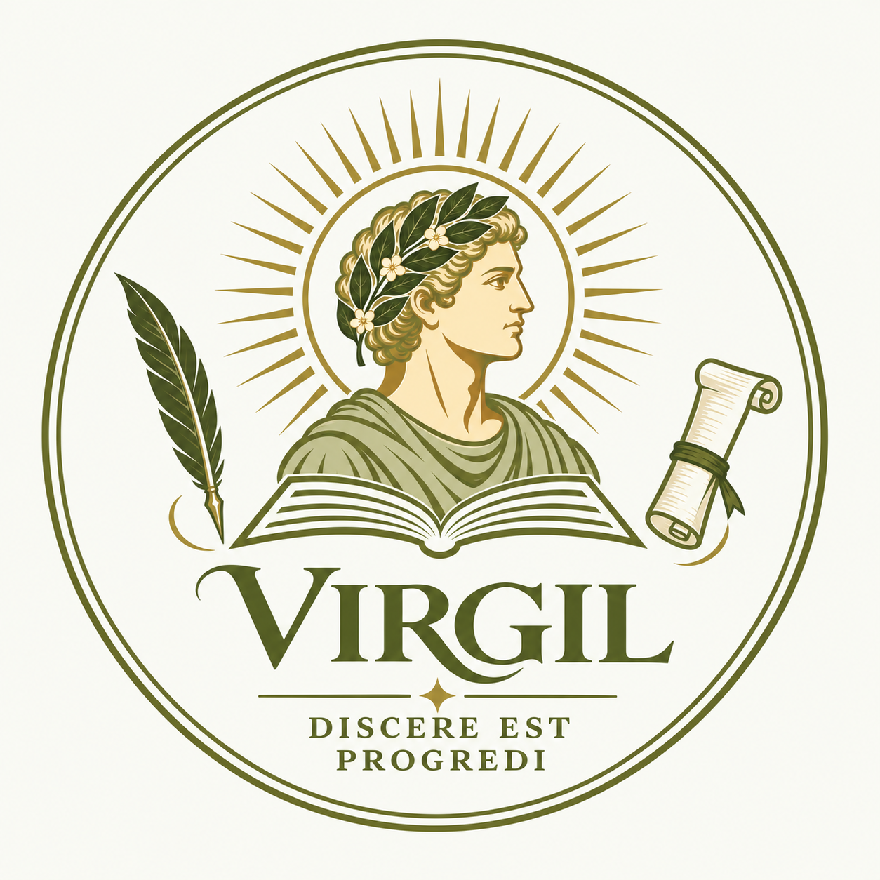 Logo Virgil: un volto classico con alloro, libro, piuma e pergamena; Discere est progredi